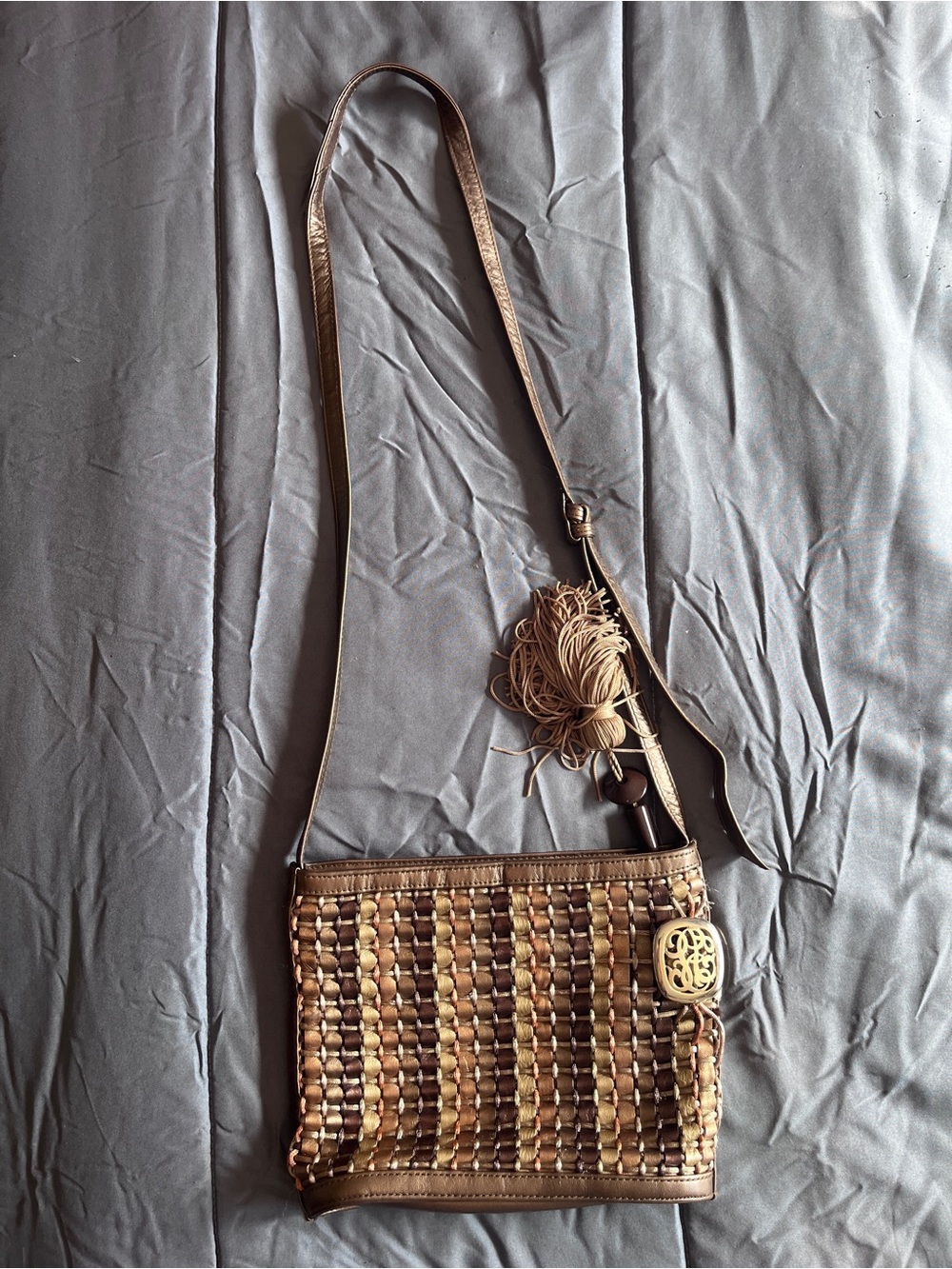 Vintage Ganson Woven Crossbody Bag Brown Boho Tassel Medallion Shoulder Purse